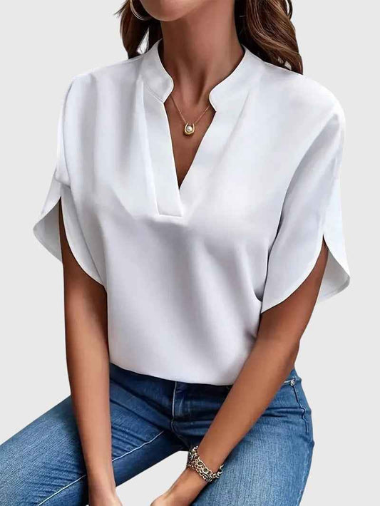 Elegant Soft V Neck Blouse with Lightweight Fabric and Relaxed Fit by Jamota Clothing Tops Women's Tops