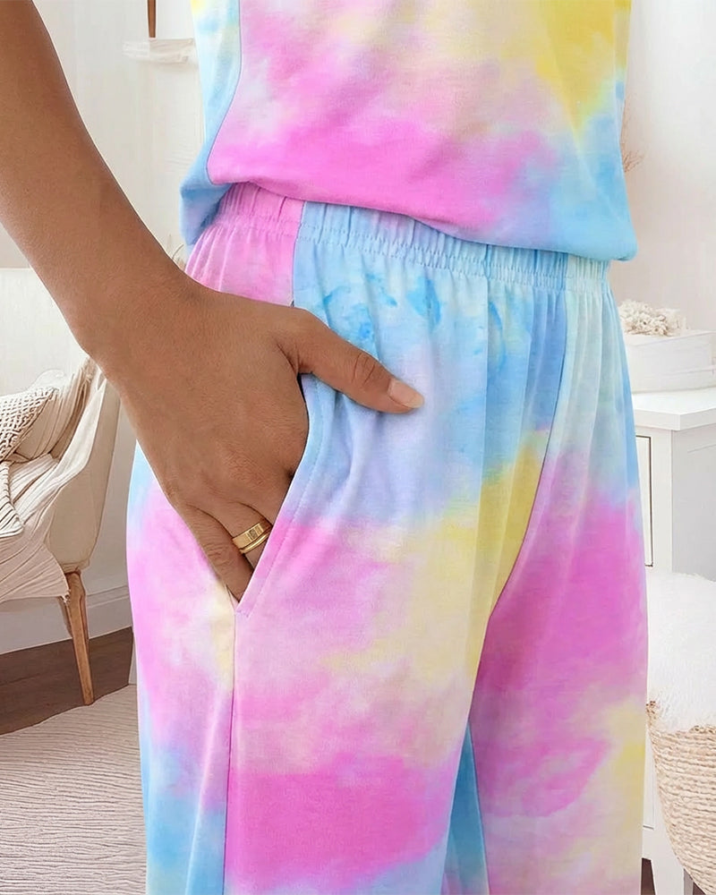 Professional Tie Dye Pajama Set | Adjustable Cami & Relaxed Wide Leg P by Jamota Pajamas Pajama Sets