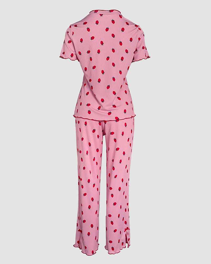 Cozy Strawberry Print Pajama Set with Stand Collar for Women - Jamota