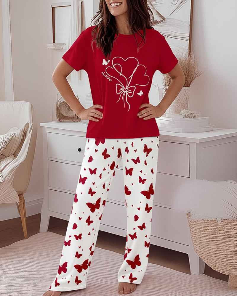 Pink Pajama Set Elastic Waist Pants Heart Print Cozy Knit Soft Relaxed Fit All Day Comfort - Jamota