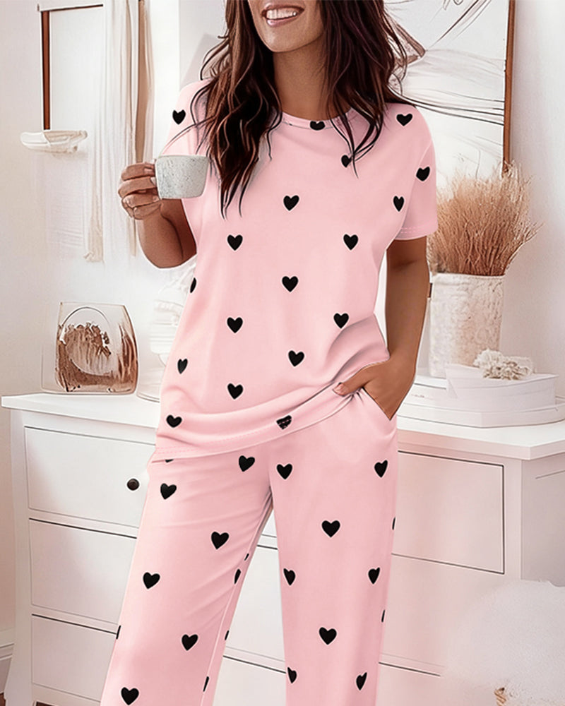 Cozy Heart Print Pajama Set | Soft Top & Elastic Waist Pants - Jamota