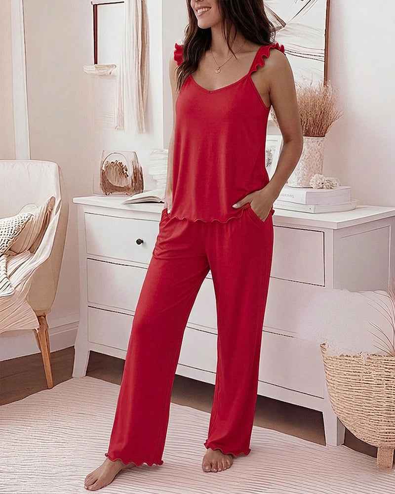 Women's Frill Trim Pajama Set with Pockets | Soft & Comfortable Sleepw - Jamota