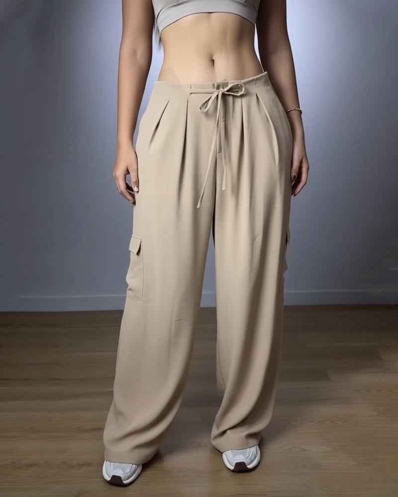 Khaki Wide-Leg Cargo Trousers with Flap Pockets - Jamota