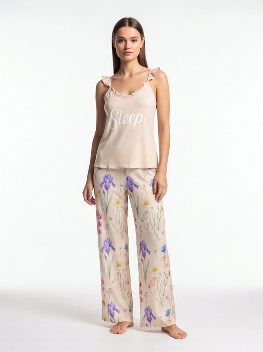 Floral Print Cami Pajama Set with Ruffle Trim by Jamota Robes Women's Pajamas & Robes