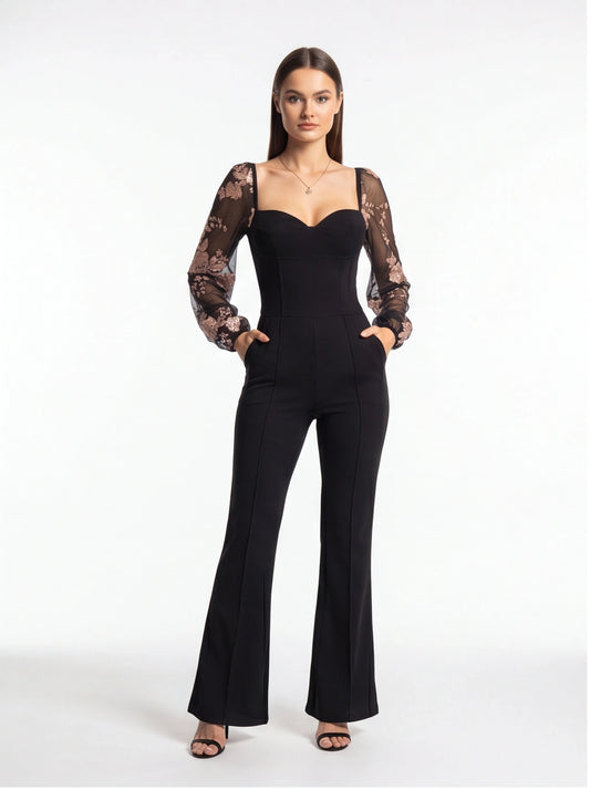 Elegant Flared Jumpsuit with Pockets and Adjustable Straps by Jamota One-Pieces Jumpsuits & Rompers