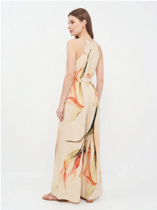 Elegant Floral Print Wide Leg Jumpsuit with Pockets & Adjustable Strap - Jamota