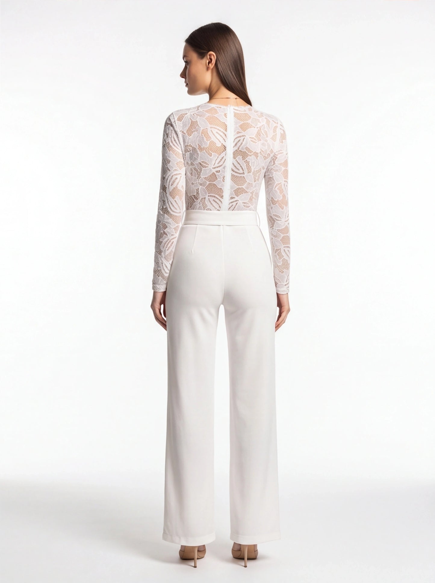 Jamota white floral lace jumpsuit with long sleeves and back zipper, wide-leg pants