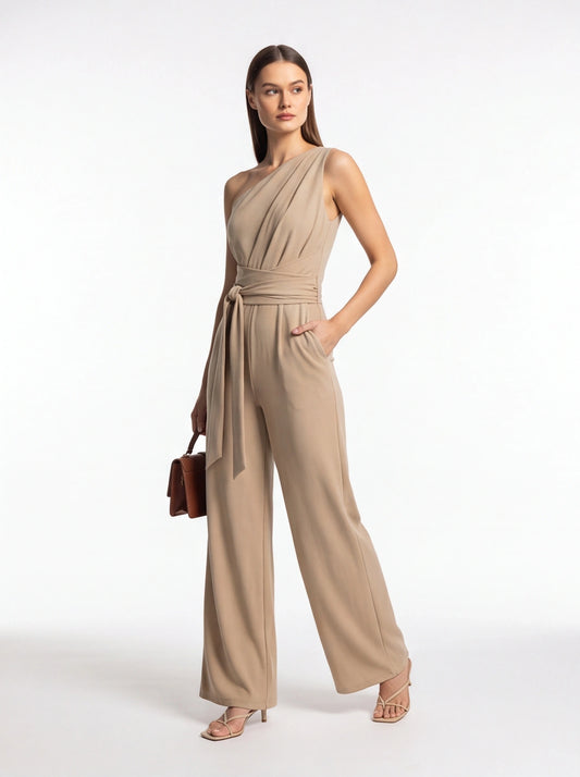 Elegant Asymmetric Wide-Leg Jumpsuit with Pockets & Adjustable Straps by Jamota One-Pieces Jumpsuits