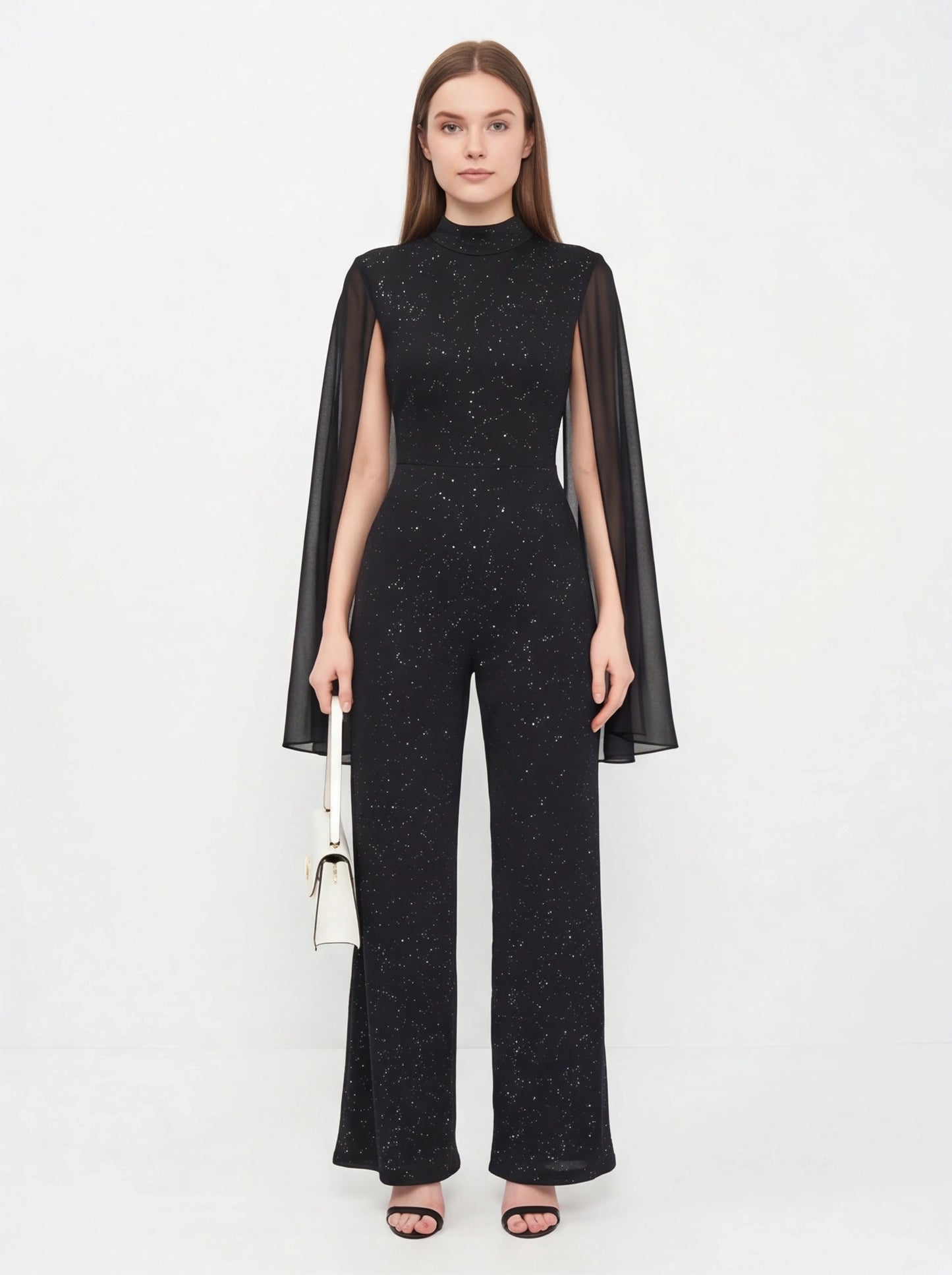 Jamota black glitter chiffon jumpsuit with sheer cape sleeves and high neckline, one-piece