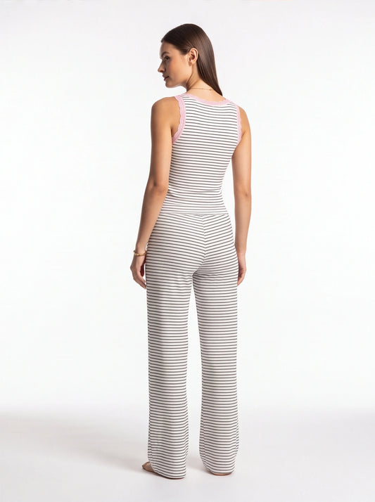 Rib-Knit Tank Pajama Set with Wide-Leg Pants by Jamota Loungewear Loungewear Sets