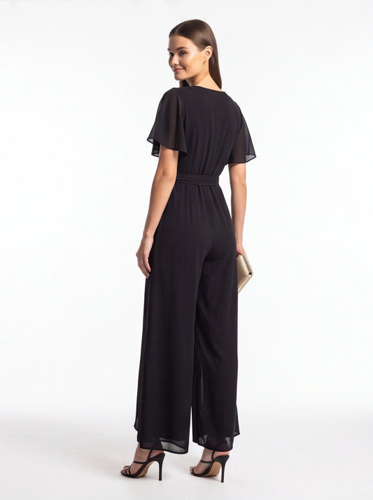 Elegant Wide Leg Jumpsuit Black Wrap V-Neck with Flutter Sleeves Tie Waist by Jamota One-Pieces Women's Jumpsuits