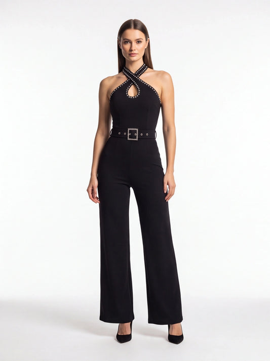 Elegant High-Waist Rhinestone Jumpsuit with Adjustable Straps by Jamota One-Pieces Jumpsuits
