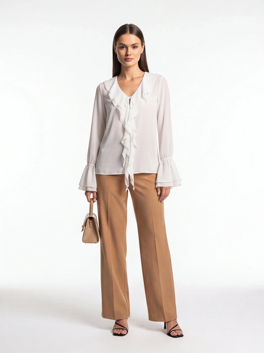 Ruffled Chiffon Blouse with Bell Sleeves and Tie Front - Jamota