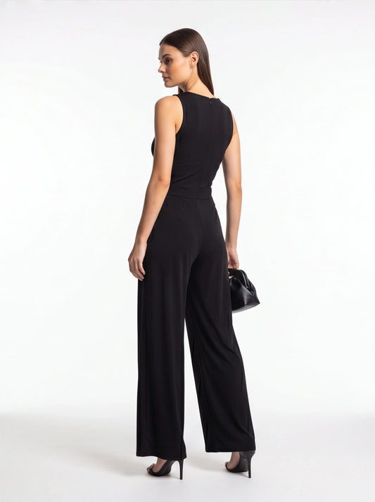 Black Wide-Leg Jumpsuit with Keyhole Rhinestone Neckline - Jamota