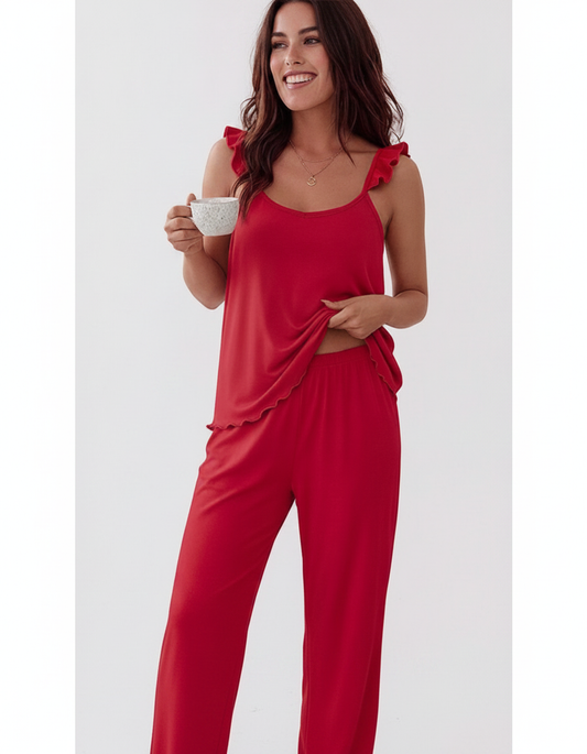 Women's Frill Trim Pajama Set with Pockets | Soft & Comfortable Sleepw - Jamota