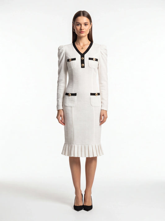 Puff-Sleeve Midi Dress with Button-Decorated Pockets - Jamota