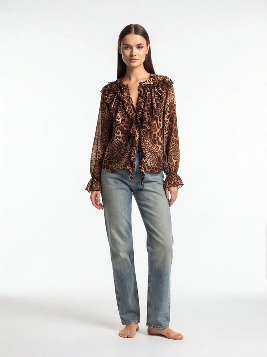 Elegant Lightweight Leopard Print Blouse with Short Sleeves & Breathab - Jamota