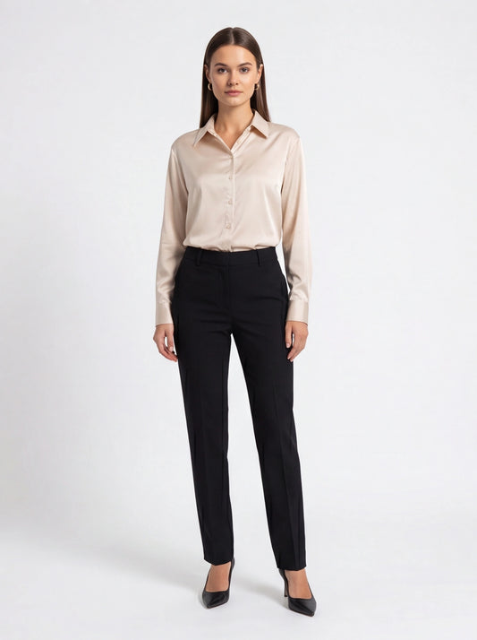 Beige Satin Blouse with Classic Collar - Jamota