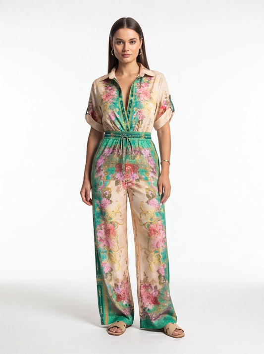 Floral Wide-Leg Jumpsuit with Roll-Up Sleeves - Jamota