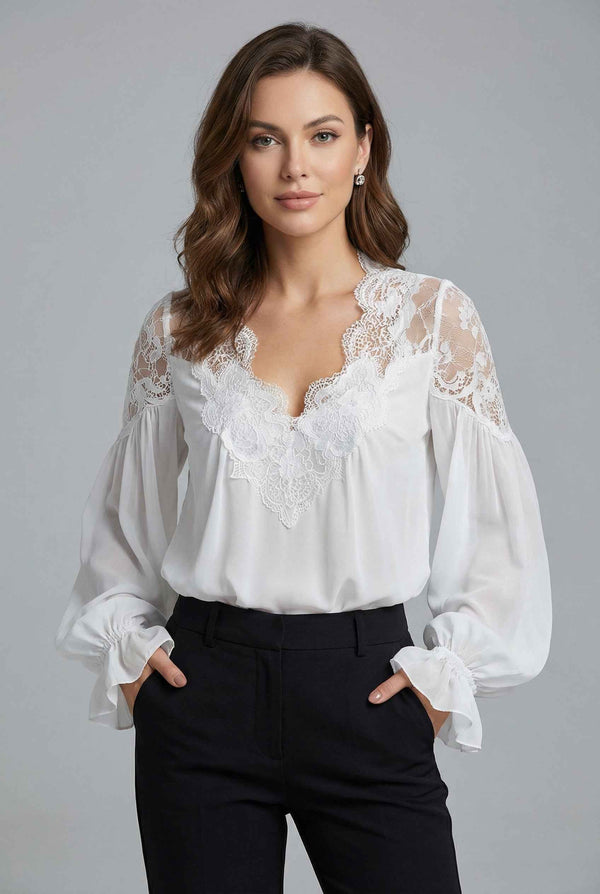 Lace Collar Blouse with Voluminous Sleeves