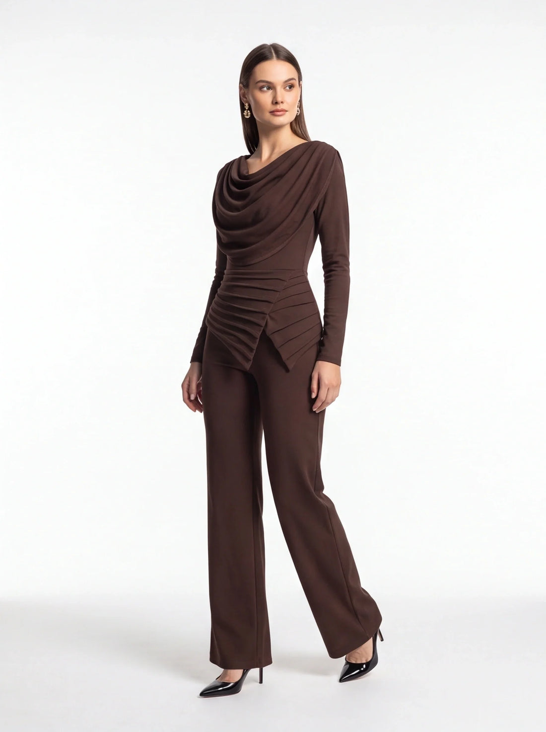 Asymmetrical Patchwork Wide-Leg Jumpsuit with Cowl Neck
