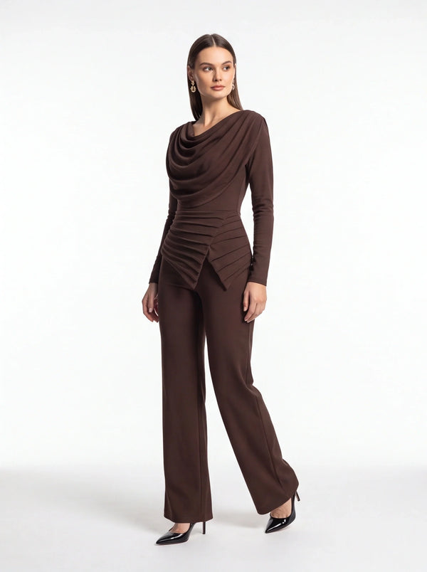 Asymmetrical Patchwork Wide-Leg Jumpsuit with Cowl Neck