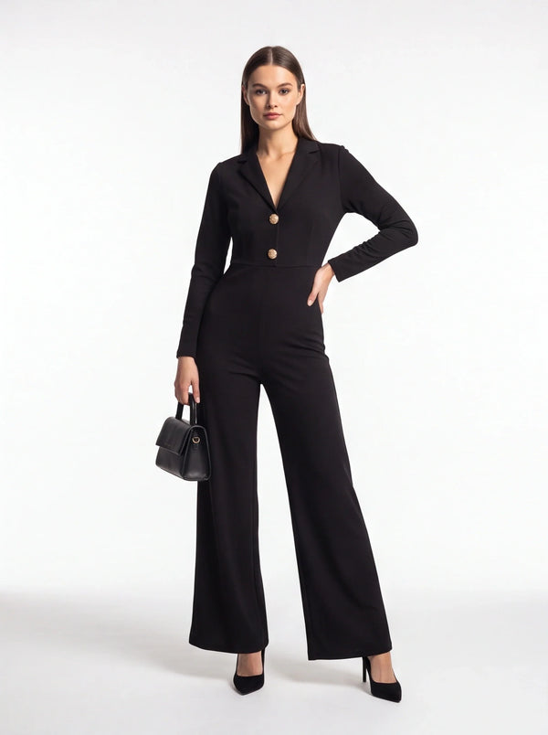 Wide-Leg Jumpsuit with Notched Collar and Button Front