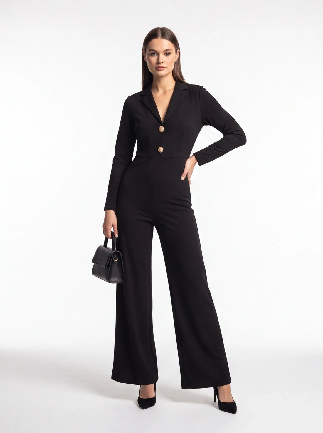 Wide-Leg Jumpsuit with Notched Collar and Button Front