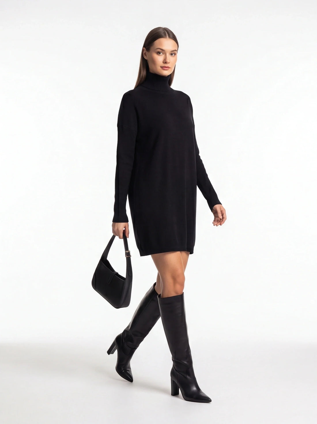 Black Turtleneck Sweater Dress with Long Sleeves