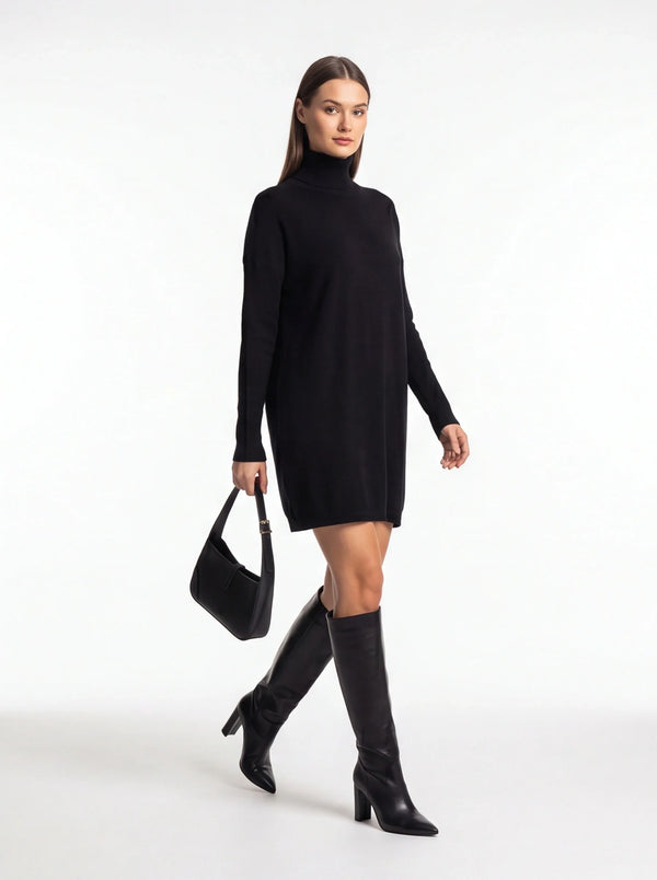 Black Turtleneck Sweater Dress with Long Sleeves