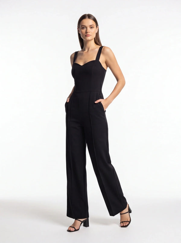 Black Backless Wide-Leg Jumpsuit with Lace-Up Detail