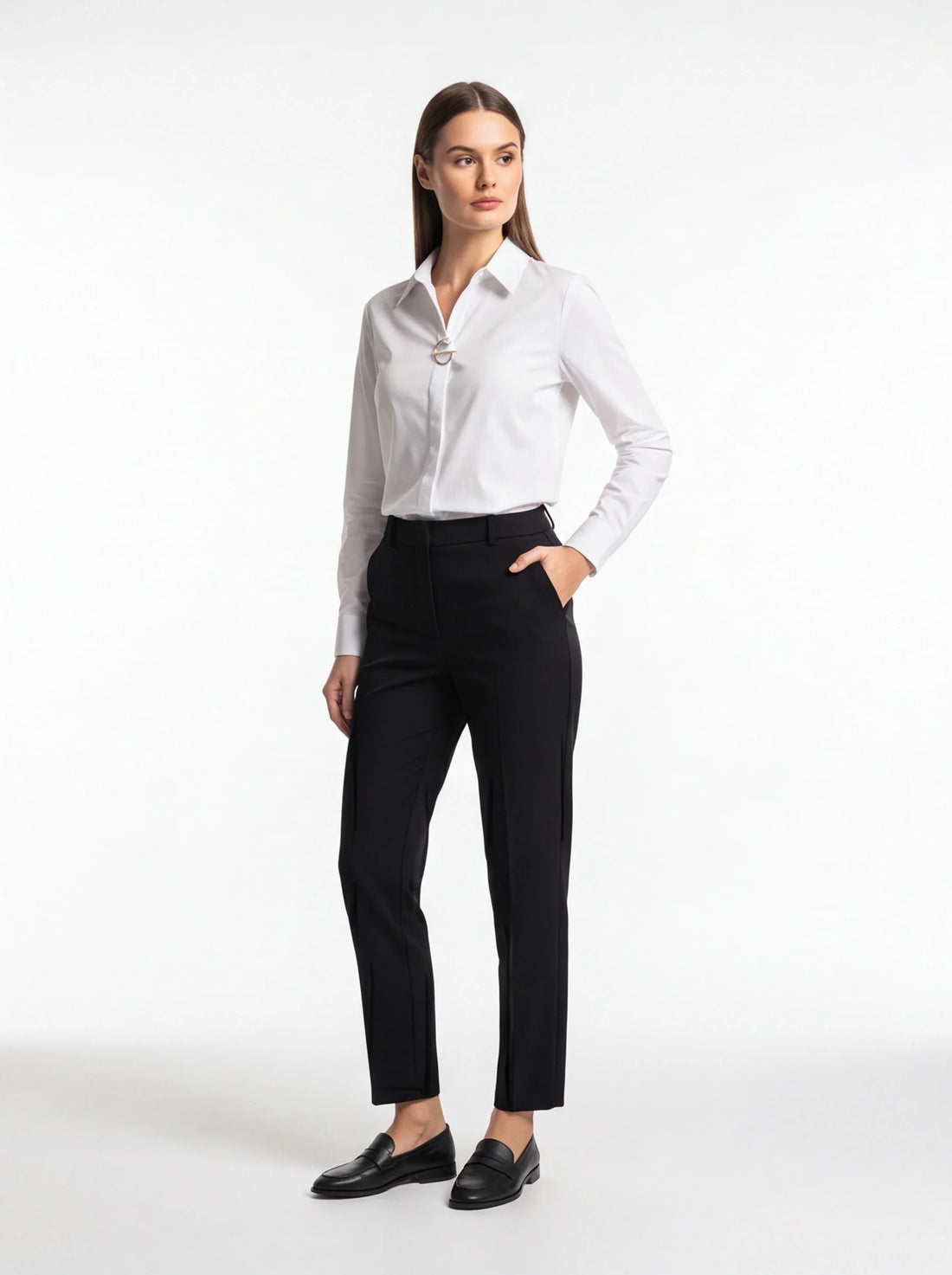 White Long Sleeve Blouse with Refined Neckline