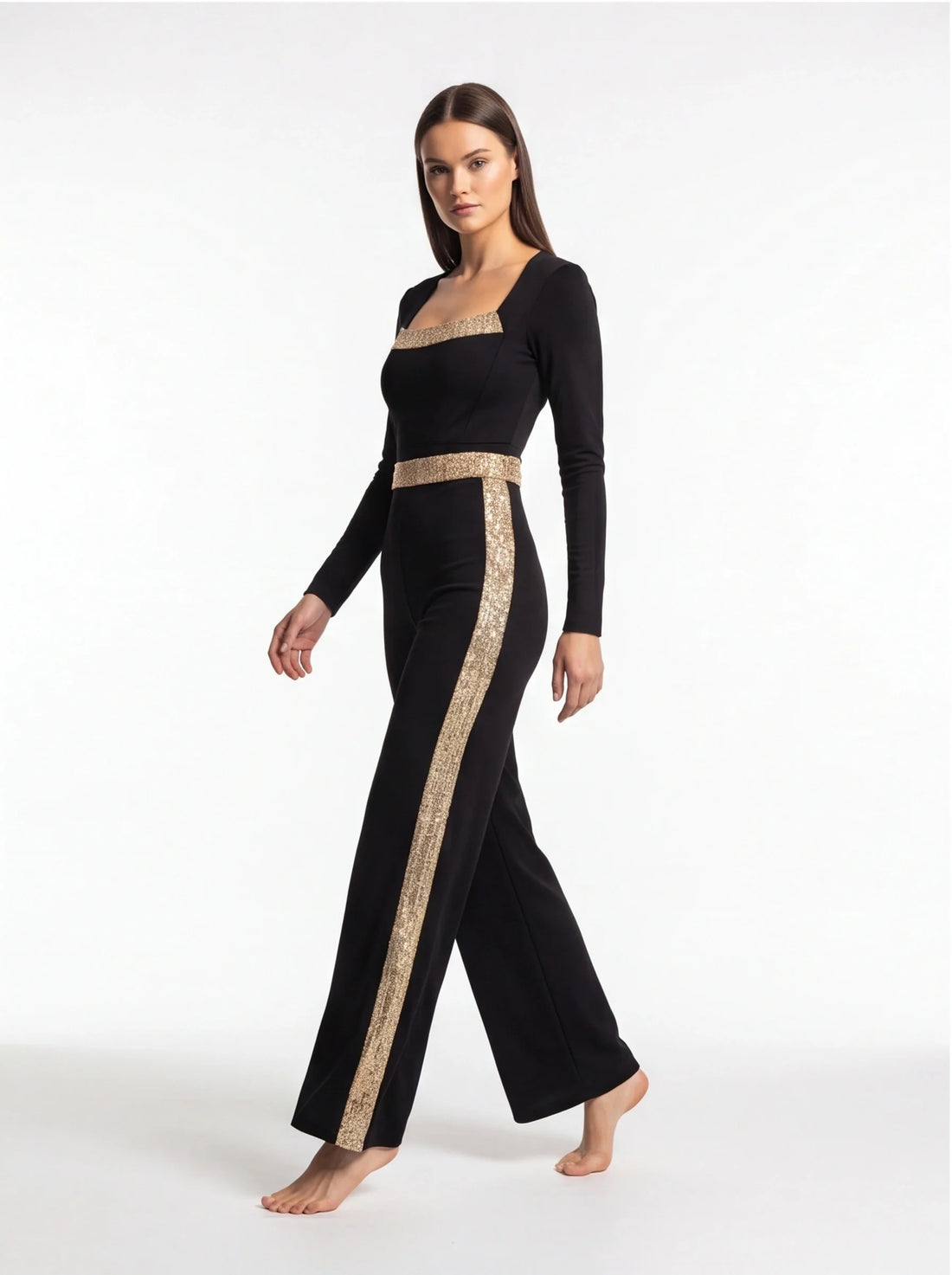 Gold Sequin Wide-Leg Jumpsuit with Bowknot Back