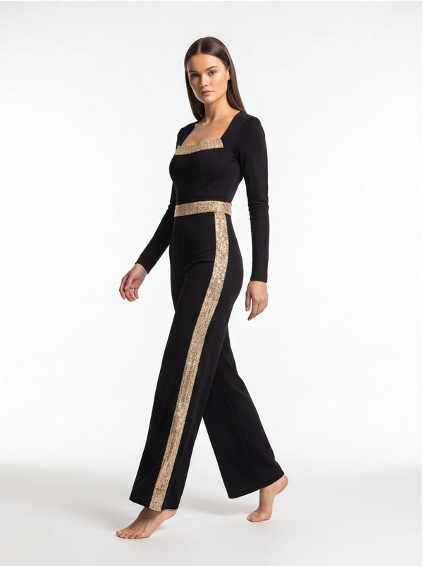Gold Sequin Wide-Leg Jumpsuit with Bowknot Back