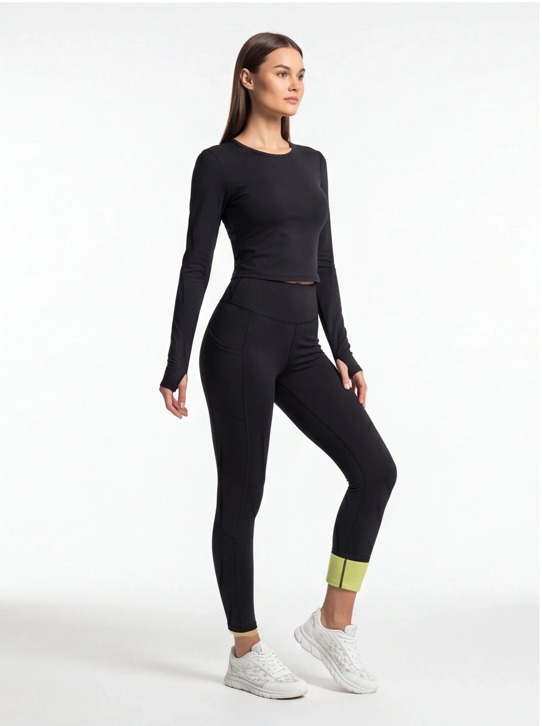 Black Fleece-Lined Thermal Leggings with Pockets