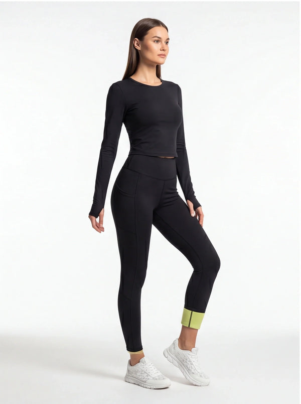 Black Fleece-Lined Thermal Leggings with Pockets