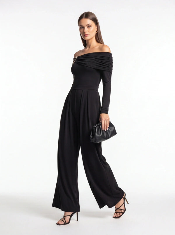 Off-Shoulder Wide-Leg Jumpsuit with Ruched Bodice