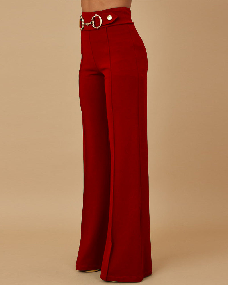 High Waist Casual Straight Leg Work Pants with Metal Button Detail