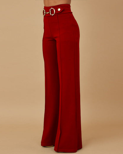 High Waist Casual Straight Leg Work Pants with Metal Button Detail