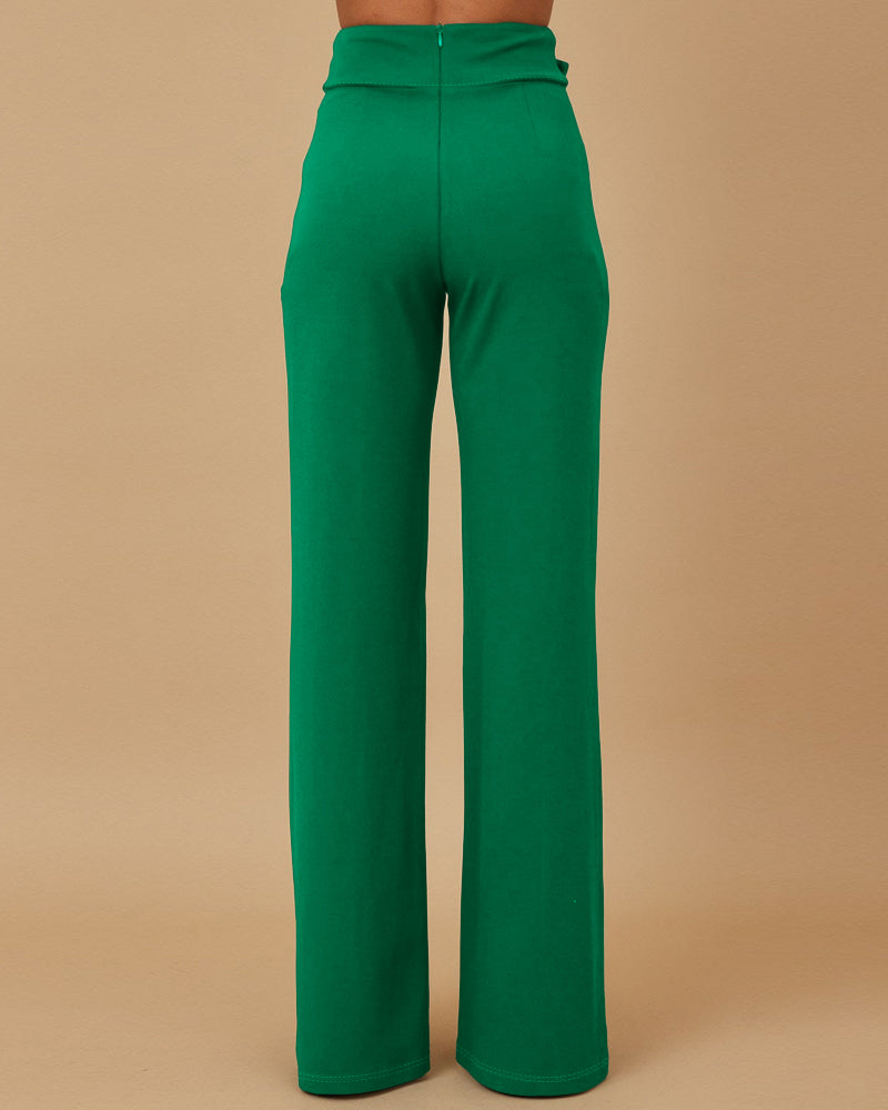 High Waist Casual Straight Leg Work Pants with Metal Button Detail