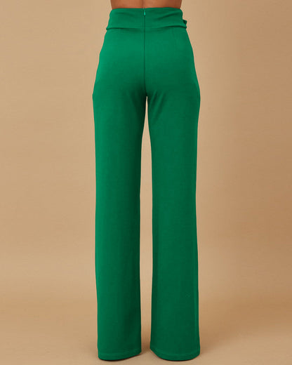 High Waist Casual Straight Leg Work Pants with Metal Button Detail