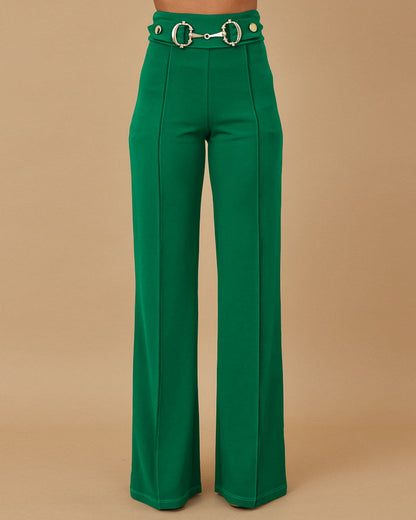 High Waist Casual Straight Leg Work Pants with Metal Button Detail