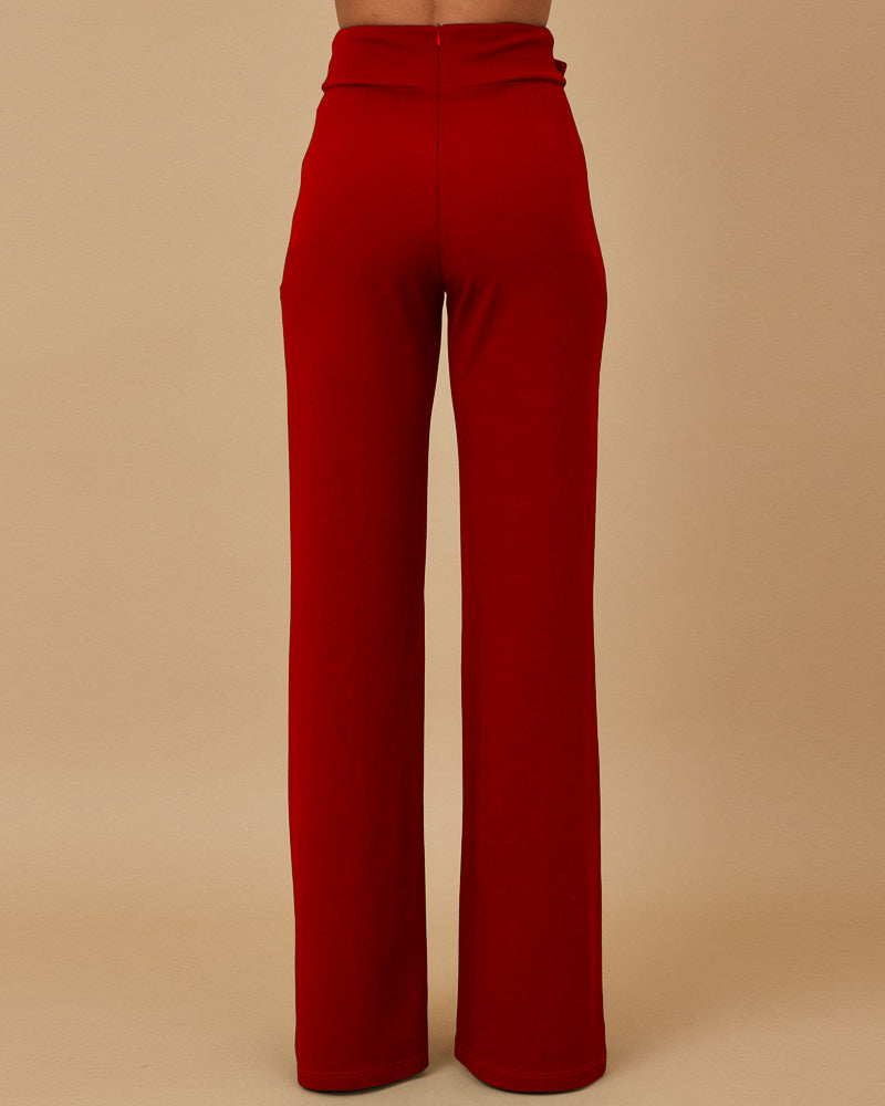 High Waist Casual Straight Leg Work Pants with Metal Button Detail