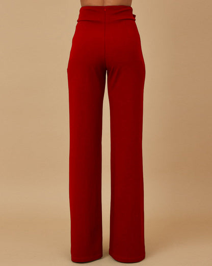 High Waist Casual Straight Leg Work Pants with Metal Button Detail