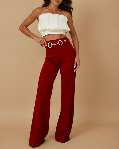 High Waist Casual Straight Leg Work Pants with Metal Button Detail