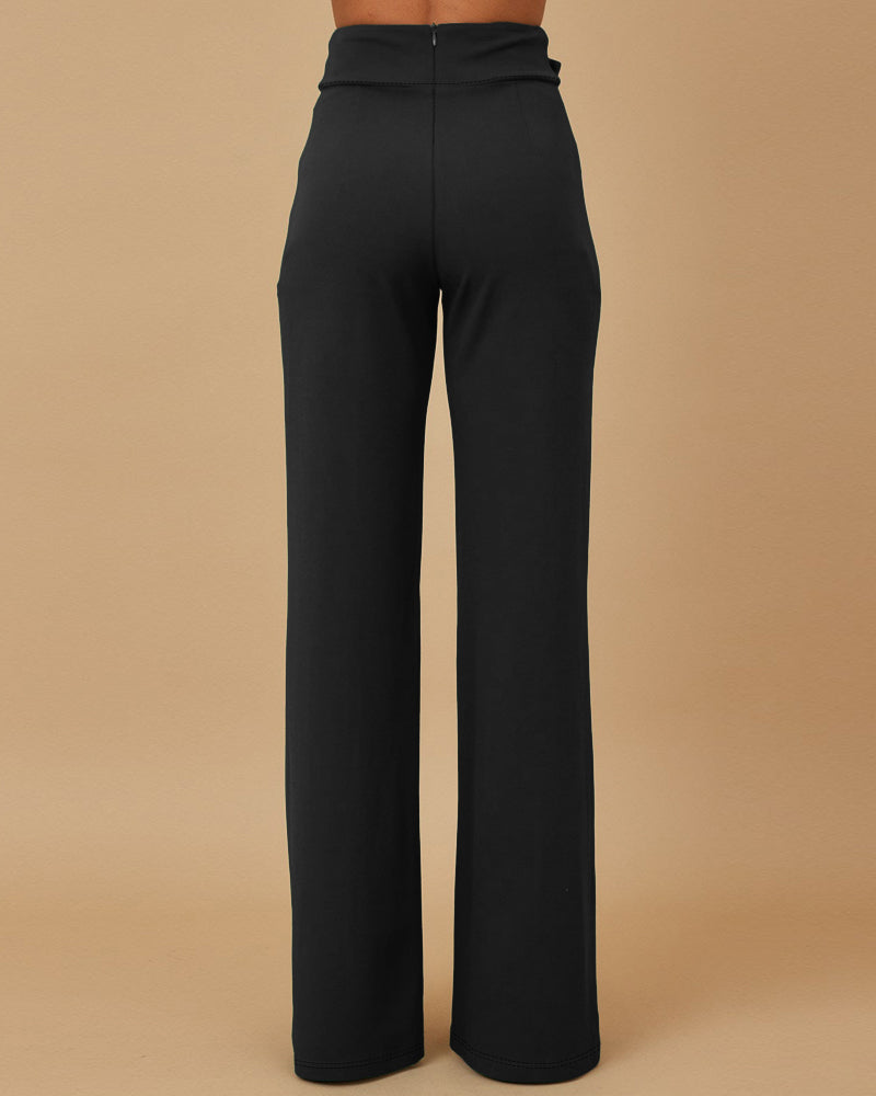 High Waist Casual Straight Leg Work Pants with Metal Button Detail