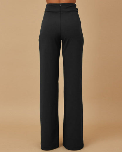 High Waist Casual Straight Leg Work Pants with Metal Button Detail