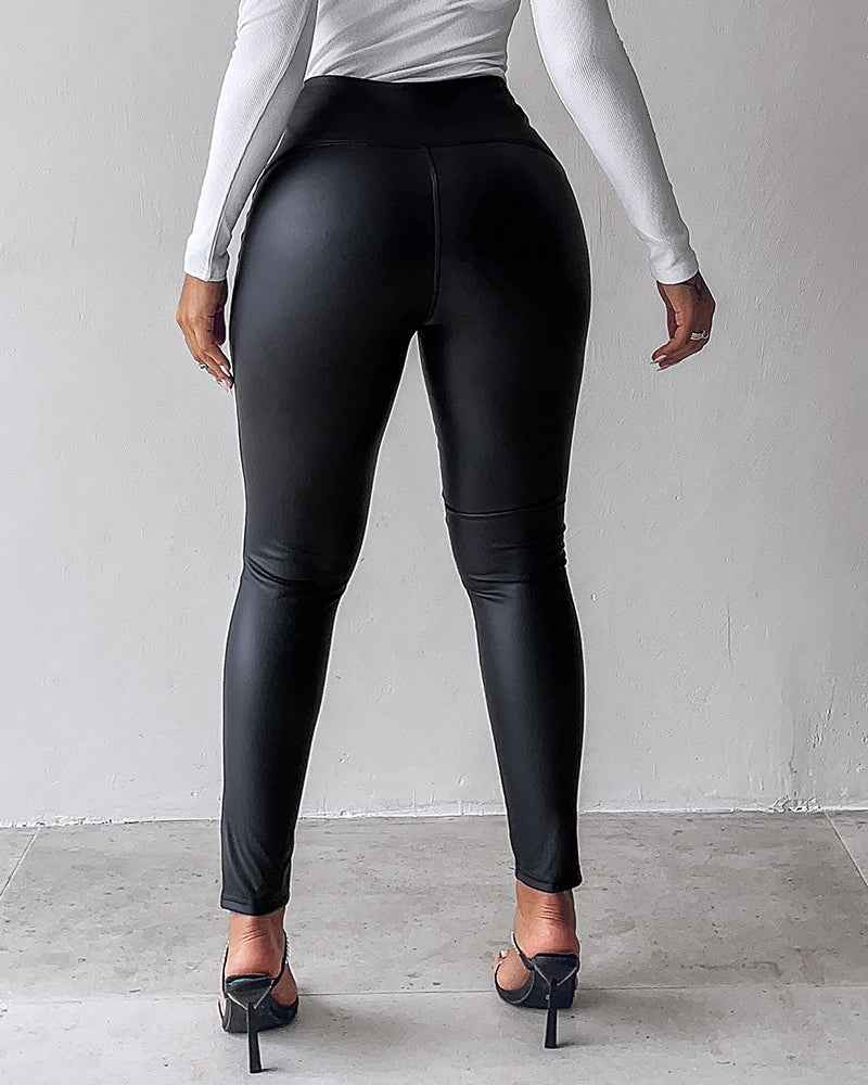 High Waist PU Leather Leggings with Fleece Lining for Comfort - Jamota