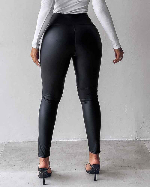 High Waist PU Leather Leggings with Fleece Lining for Comfort - Jamota