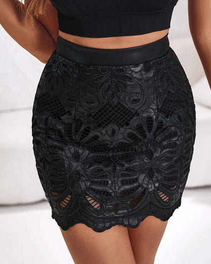 Jamota PU Leather HollowOut Pattern Bodycon Skirt With Zipper Back Mini Style Everyday Chic by Jamota Skirts Skirt